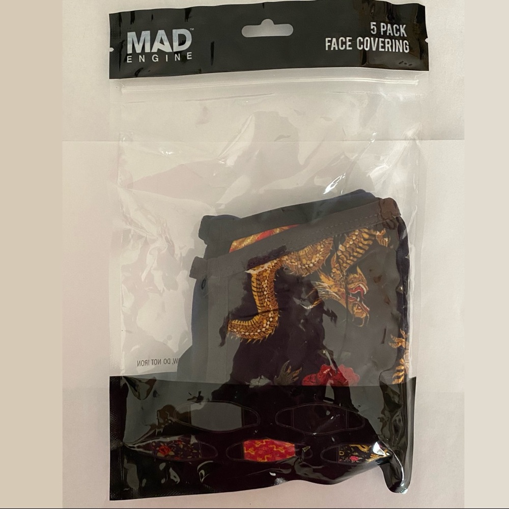 Mad Engine 5 Pack Face Coverings Red, Grey, Black, Dragon, Floral Design (New)